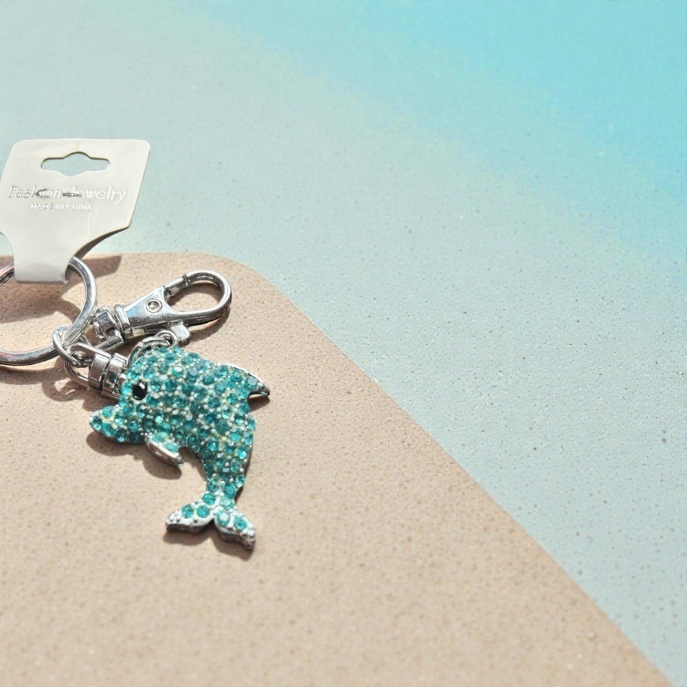 Teal Rhinestone Dolphin Keychain Silver Tone Lobster Clasp Bag Charm
